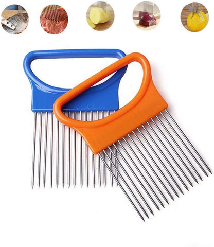 2Pcs Onion Holder Slicer, Stainless Steel | Onion Holder for Slicing, 10 Long Needles, Vegetable Chopper, Food Slicing, Multi-Purpose Cutter for Tomato Potato Lemon