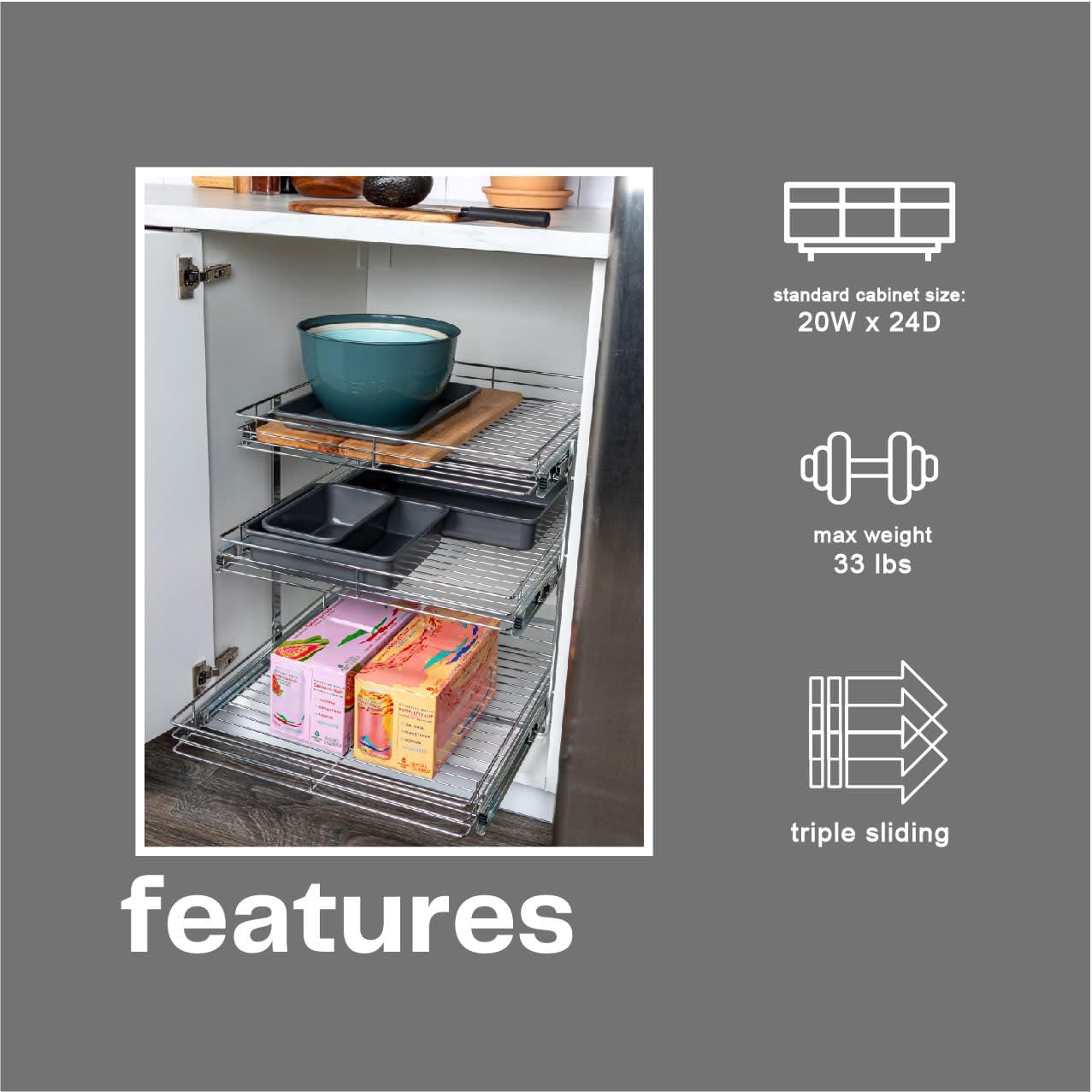 Household Essentials Glidez Multipurpose Chrome-Plated Steel Pull-Out/Slide-Out Storage Organizer for Cookware and Bakeware - 2-Tier Design - Fits Standard Size Cabinet or Shelf, Chrome