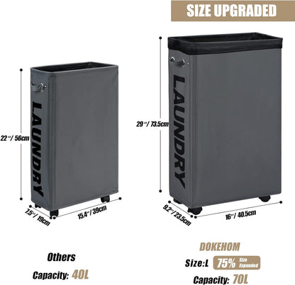 DOKEHOM 25" Slim Rolling Laundry Basket Hamper, Narrow on Wheels, Grey | Collapsible narrow laundry hamper with mesh drawstring closure. Foldable corner clothes storage bin for small spaces