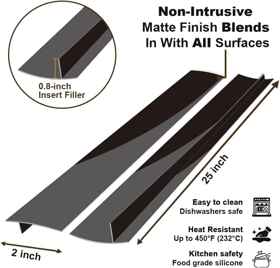 Silicone Stove Counter Gap Cover 30 Inch Side Range Gap Filler 2 Pack Black | Extra long kitchen stove gap covers, 0.2-1 inch gap, heavy 10 oz, cut to size, oven crack guards between stove and counter