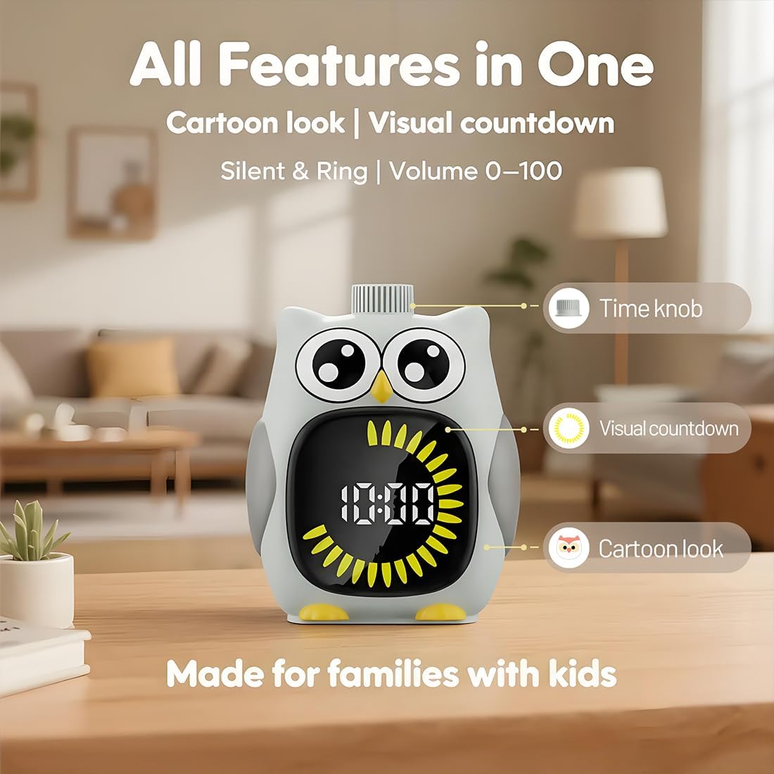 Grey Big-Eyed Owl Visual Timer for Kids,Classroom Timer | Time Out Timer,Up to 99Minutes Small Visual Timer,For Yoga ,For Kitchen，For Home