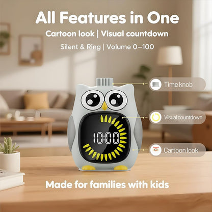 Grey Big-Eyed Owl Visual Timer for Kids,Classroom Timer | Time Out Timer,Up to 99Minutes Small Visual Timer,For Yoga ,For Kitchen，For Home