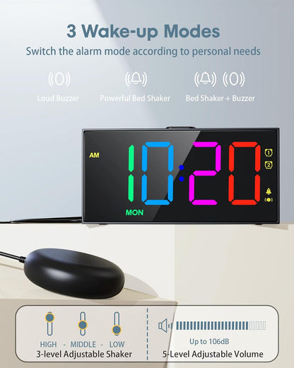 Roxicosly Vibrating Alarm Clock with Bed Shaker for Heavy Sleepers, 3-Level Vibration, Dual Alarms with Weekday & Weekend Mode, Large Digits, Dimmer, Snooze, USB Charger, Battery Backup