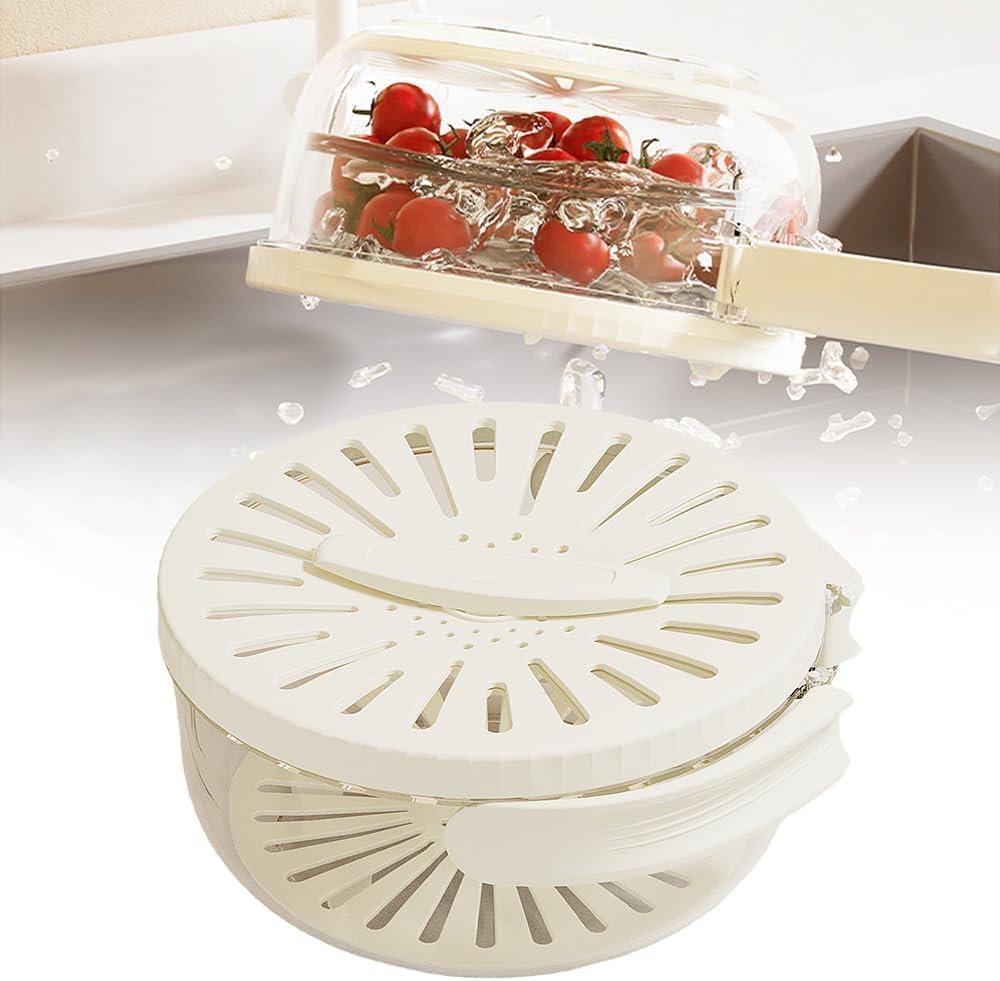 Fruit Washing Wowl with Strainer, 2026 New Multipurpose Drain Basket with Lid, 2 in 1 Fruit Drainer Container with Foldable Handle for Refrigerator Kitchen (White, 1PCS)