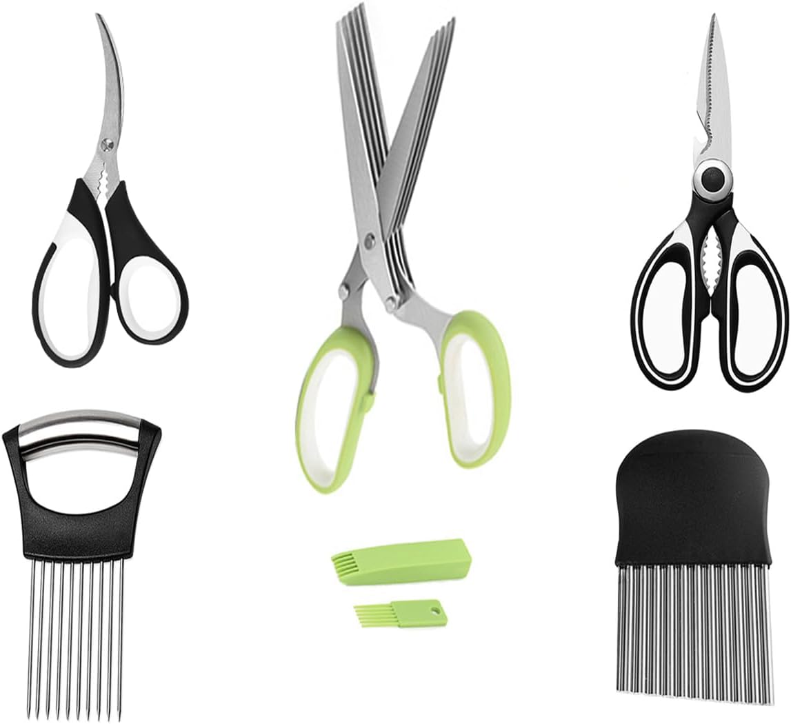 5-Blade Herb Scissors, Kitchen Shears, Seafood Scissors, Onion Holder Slicer and Potato Crinkle Cutter, yamesu Kitchen Gadget Salad Herb Tools 5 Sets