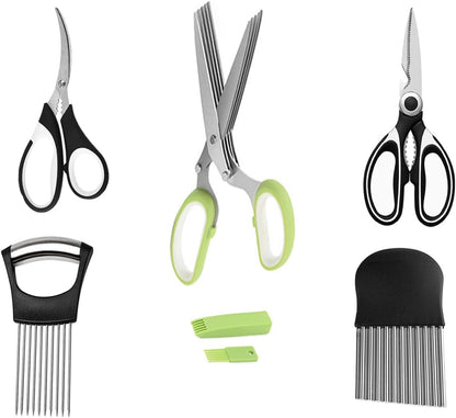 5-Blade Herb Scissors, Kitchen Shears, Seafood Scissors, Onion Holder Slicer and Potato Crinkle Cutter, yamesu Kitchen Gadget Salad Herb Tools 5 Sets