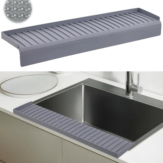 Sink Edge Protector with Suction Cup 14" 20" 24" 30", Silicone Sink Splash Guard for Kitchen & Bathroom, Protect Countertop from Scratches, Stains, for Stainless Steel Granite Quartz-Grey