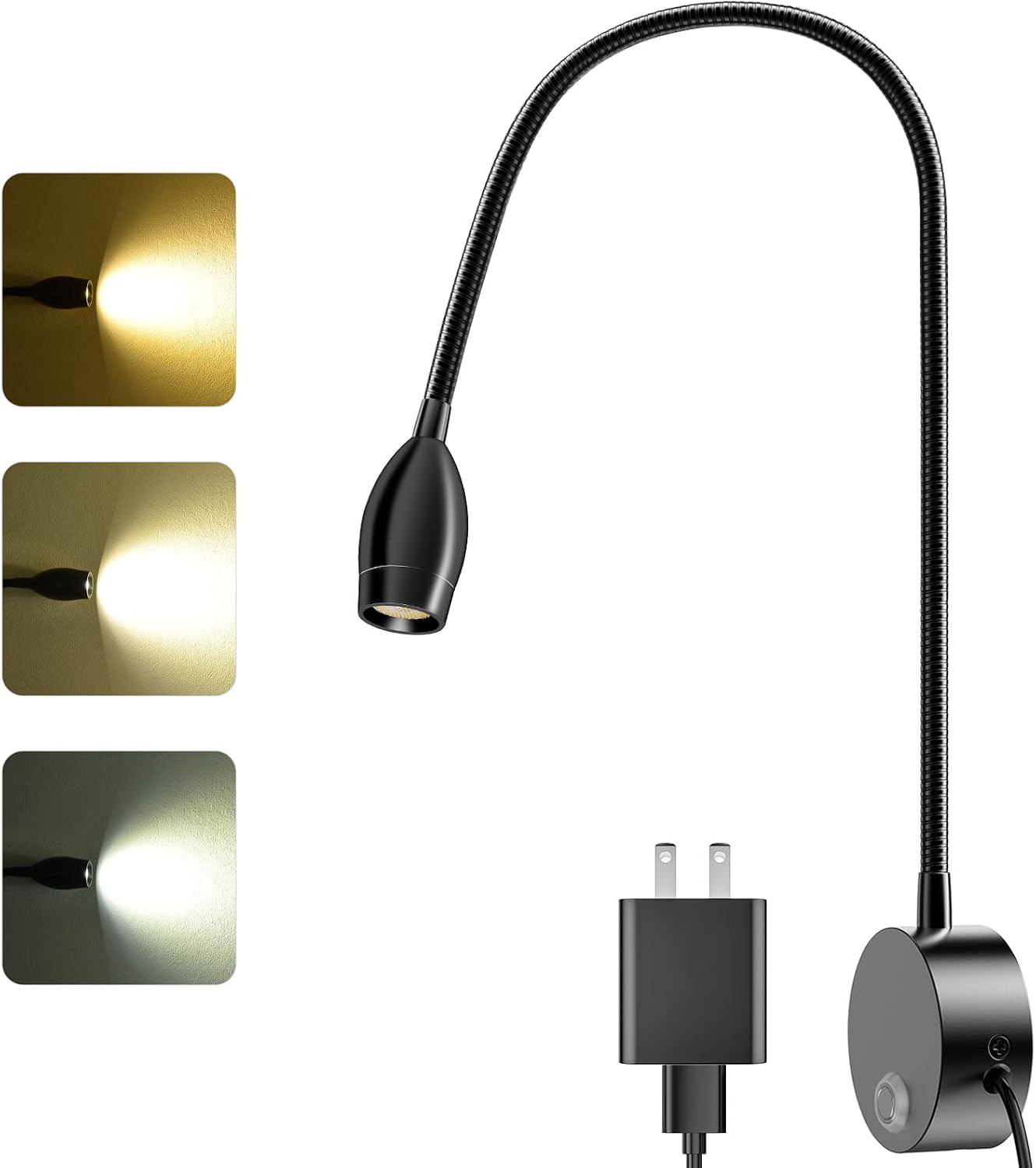 Wall Mounted LED Reading Light with 15" Flexible Gooseneck, Dimmable Book Light for Reading In Bed with USB Charging Port, Plug In Headboard Night Lights, 3 Colors Temperature, Touch Control-2 Pack