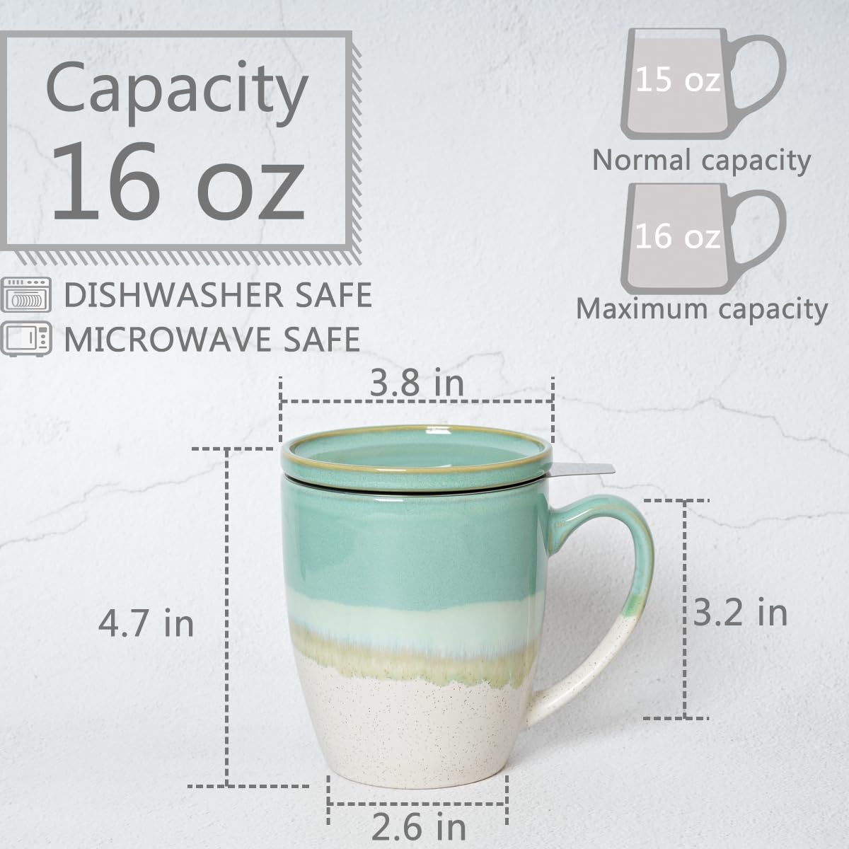 Bosmarlin Ceramic Tea Cup with Infuser and Lid, 16 Oz, 5 Colors to Choose, Dishwasher and Microwave Safe, Reactive Glaze, Steeping Tea Mug with Strainer (Purple)