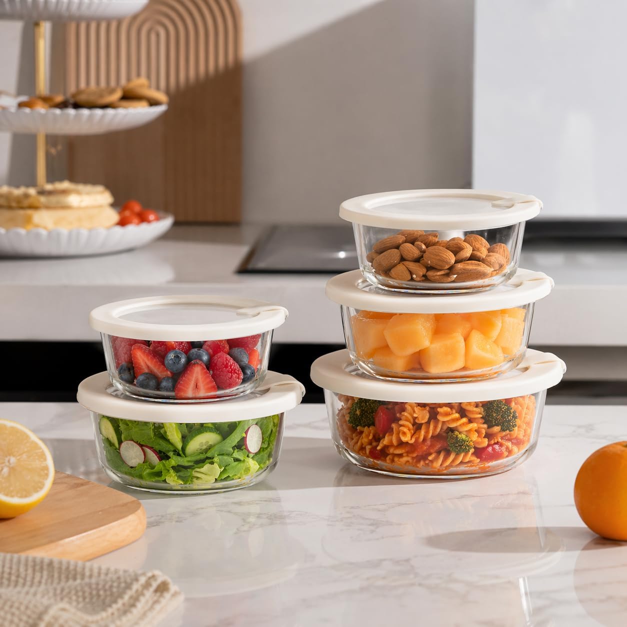 Glass Food Storage Containers with Glass Lids, Microwave Safe Food Container Set, Aitight Meal Prep Container Set, BPA Free, 2 extra Colanders, LeakProof, 2 Pack of 60oz