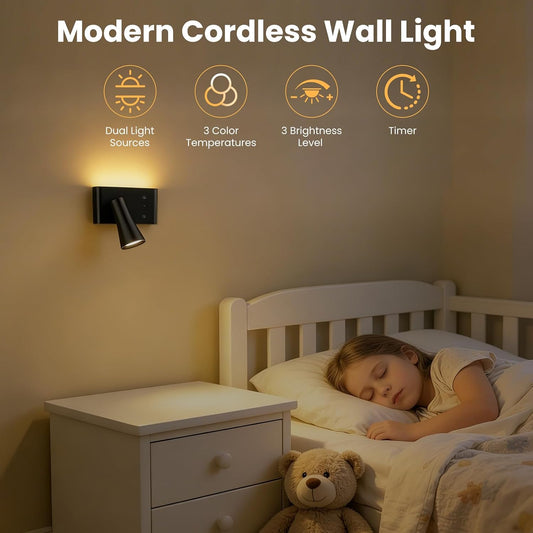 Wall Sconce Battery Operated Reading Lights, 10000mAh Rechargeable Wireless LED Wall Lights, 3 Color Temperatures Dimmable Bedside Lamps for Bedroom Living Room, 1 Pack