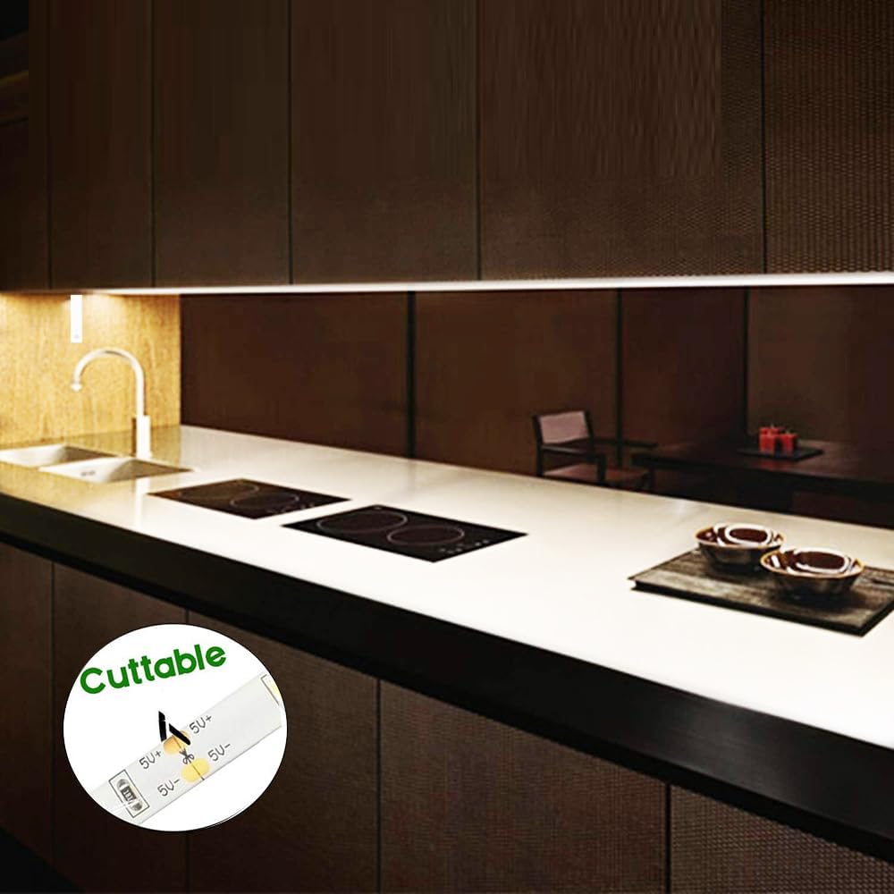 Cuttable Battery Operated Motion Sensor LED Light Strip Indoor 10 ft | Motion Sensored Activated Cordless Warm White LEDs Tape Lights for Bedroom Closet Under Bed Cabinet Counter Shelf Stair