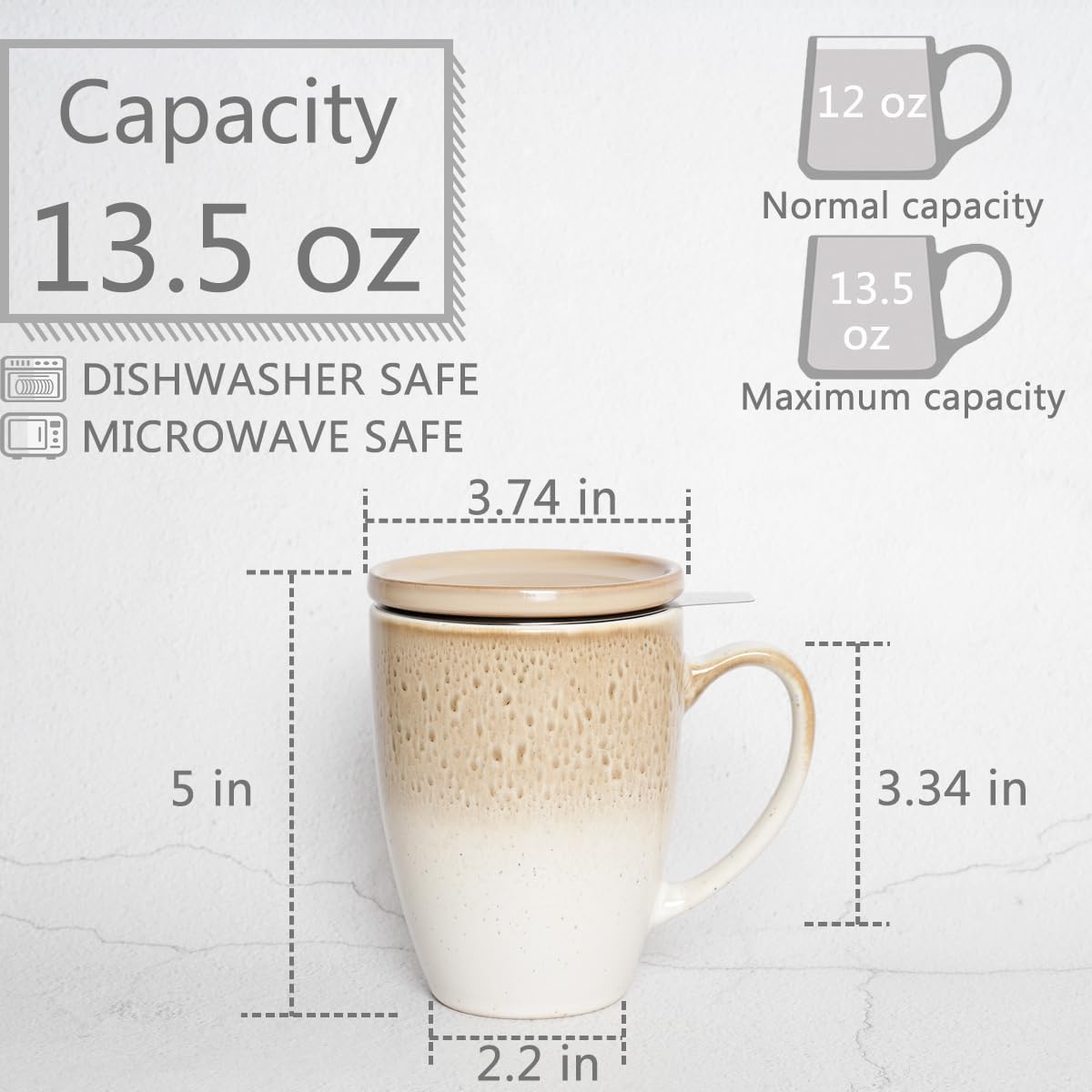 Bosmarlin Ceramic Tea Cup with Infuser and Lid, 13.5 Oz, Loose Leaf Tea Steeper Mug with Strainer, Microwave and Dishwasher Safe, Reactive Glaze (13.5 Oz, Pale Green)