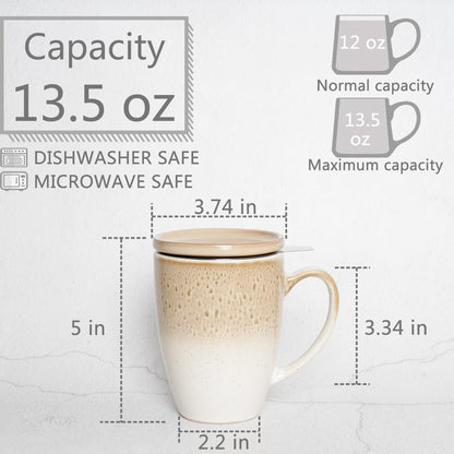Bosmarlin Ceramic Tea Cup with Infuser and Lid, 13.5 Oz, Loose Leaf Tea Steeper Mug with Strainer, Microwave and Dishwasher Safe, Reactive Glaze (13.5 Oz, Pale Green)