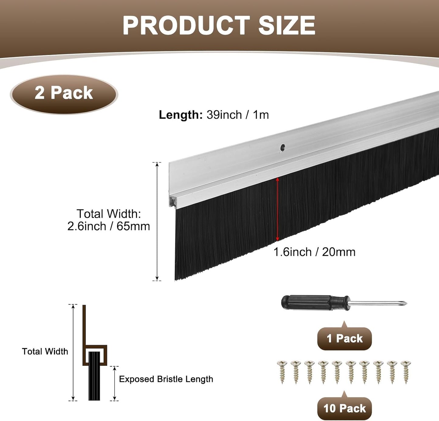 M METERXITY 2-Pack Door Brush Bottom Sweep, 39" L x 2.6" W H-Shape Aluminum Alloy Base with 1.6" Nylon Brush for Industrial/Home/Garage Door Seal, Strong Adhesive Weather Stripping Kit[Silver]