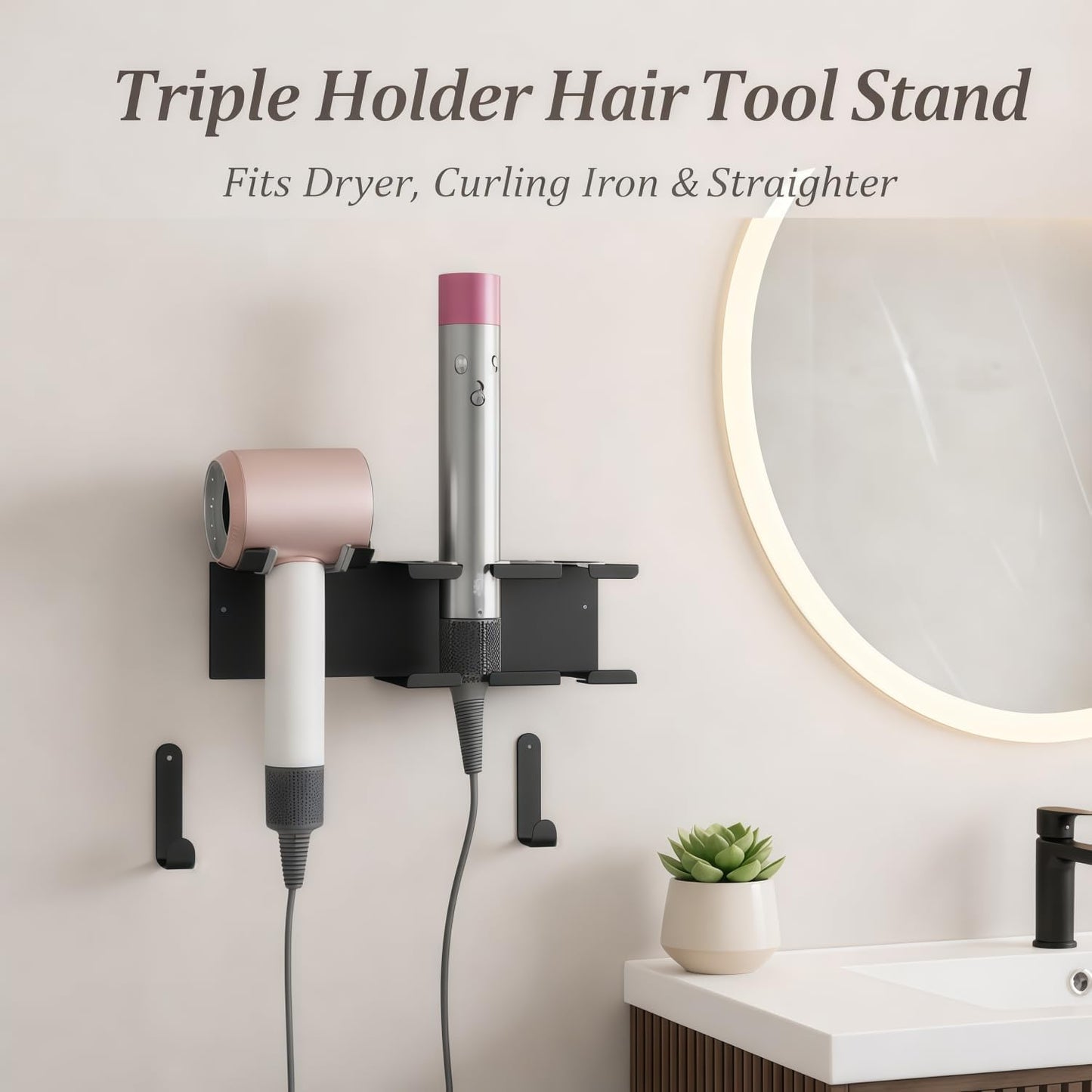 Hair Dryer Holder Wall Mounted, Stainless Steel Blow Dryer Holder for Bathroom, Hair Dryer and Straightener Holder Adhesive or Drilling, Hair Tool Organizer for Salon Barber Shops Banjekt