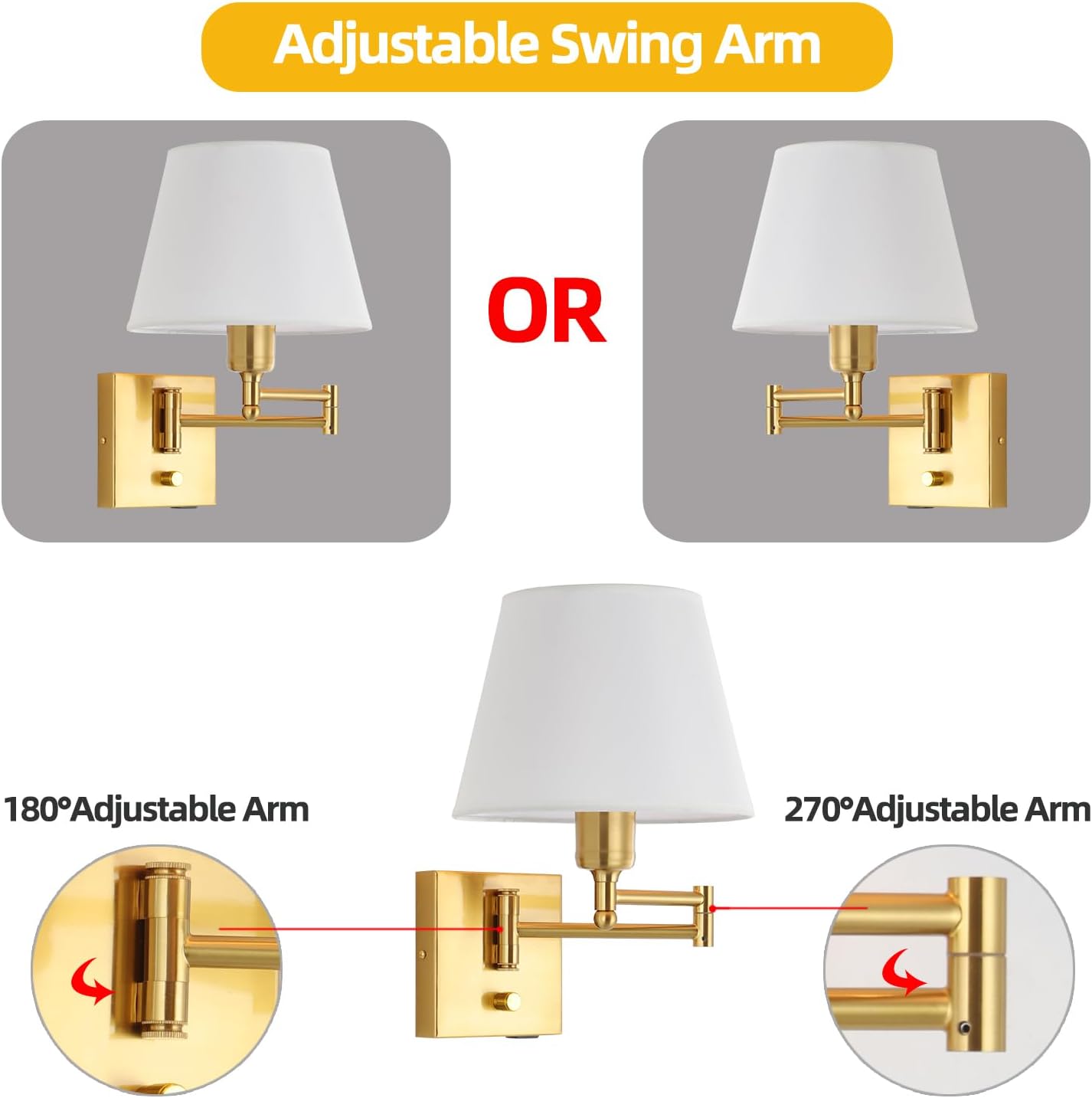 Bedside Wall Mount Light with Dimmable Switch and Outlet, Swing Arm Fabric Shade Wall Sconce Light with USB Port and Plug in Cord, Black Wall Lamp for Bedroom, Living Room and Hotel