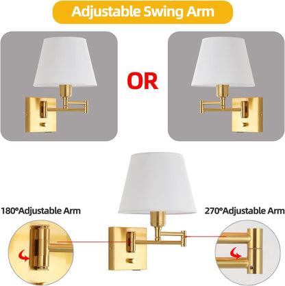Bedside Wall Mount Light with Dimmable Switch and Outlet, Swing Arm Fabric Shade Wall Sconce Light with USB Port and Plug in Cord, Black Wall Lamp for Bedroom, Living Room and Hotel