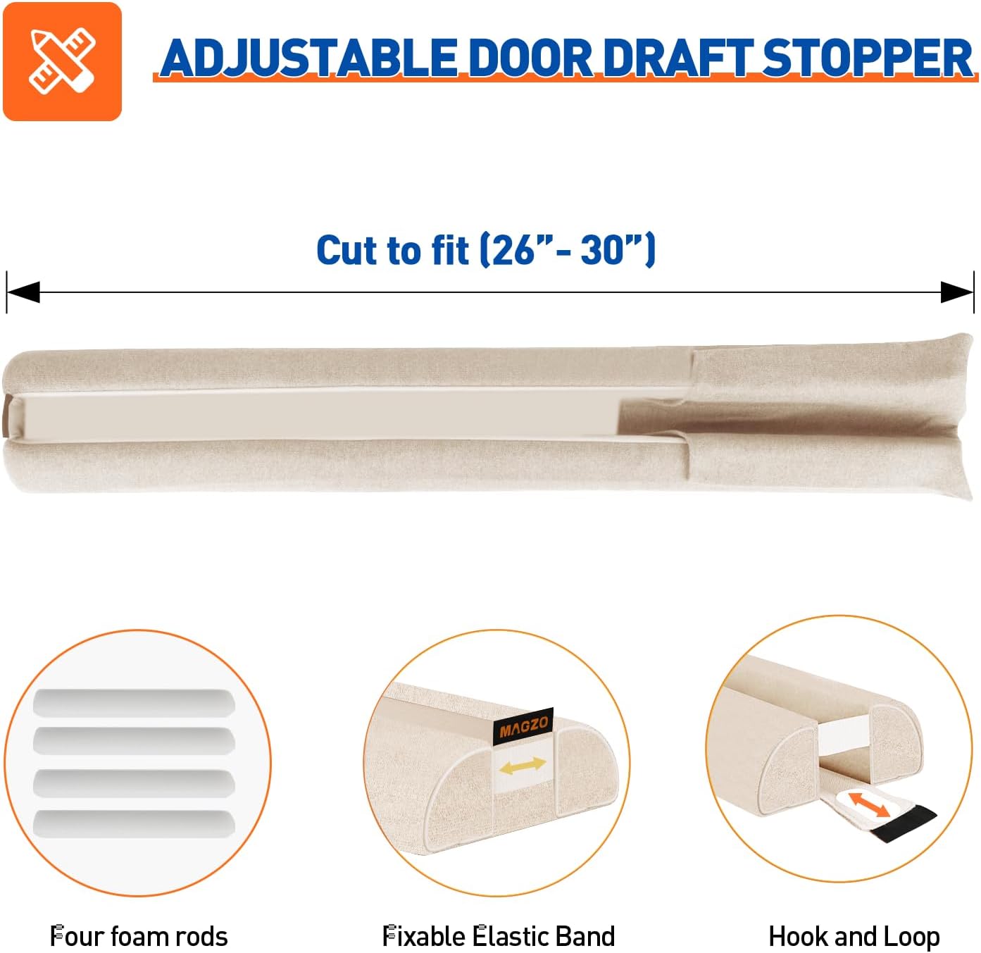 MAGZO Under Door Draft Stopper, 36 Inch Adjustable Door Gap Filler, Gray | Dual-Sided Soundproof Door Sweep for Blocking Noise Cold Air, Smoke, Dust & Light – Easy Install, Energy Saving, Washable