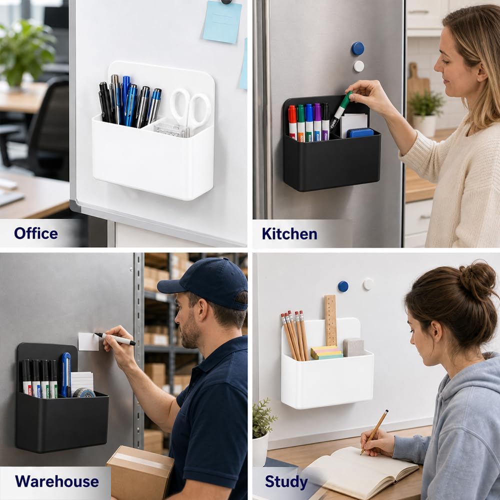 Magnetic Pencil Pen Holder, 2 PCS Magnetic Dry Erase Marker Holder for Whiteboard, Black White Magnet Storage Pencil Cup Case Fridge Organizers Locker Accessories for Office School Teacher Must Haves