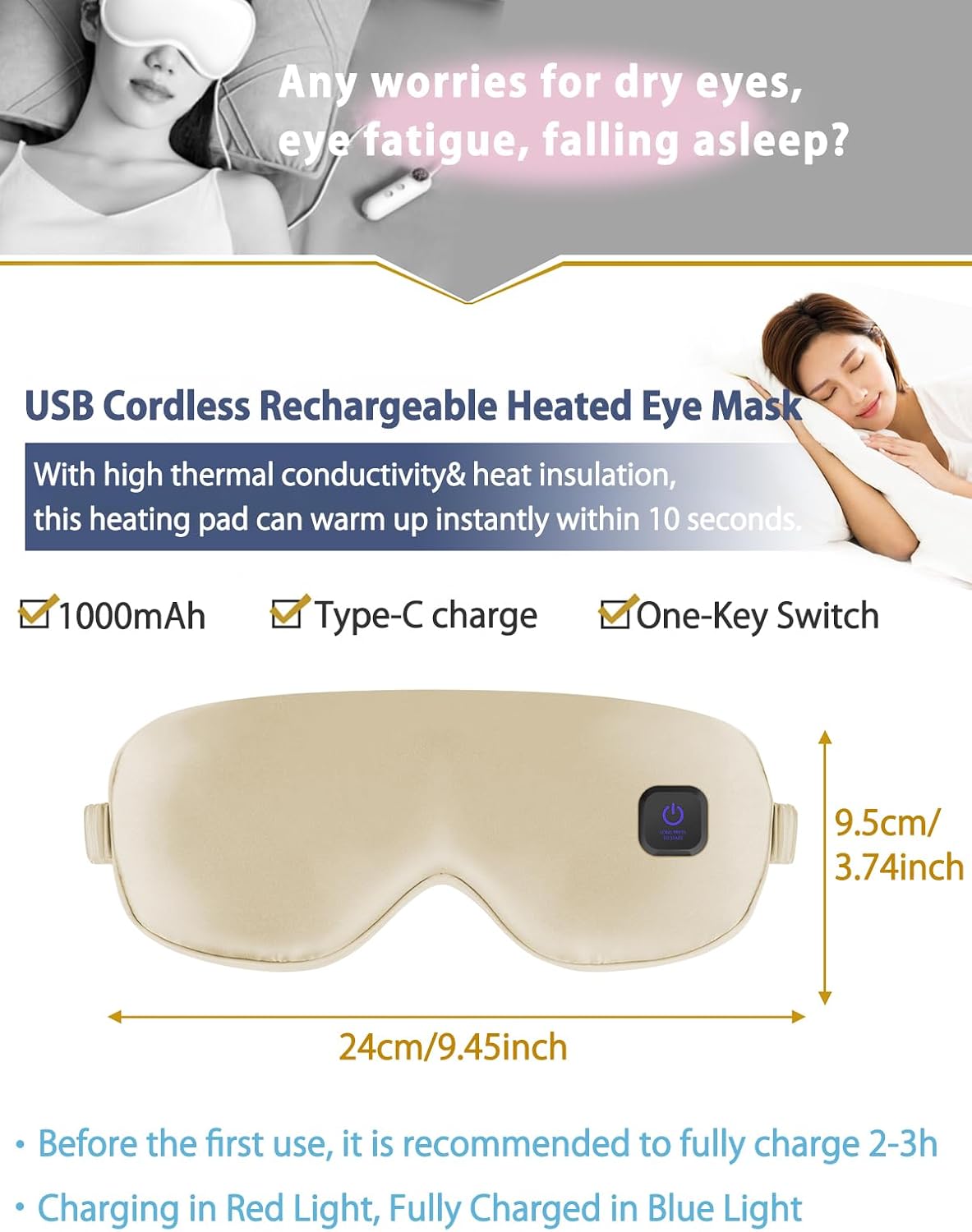 Dearan Upgraded 3 Temperature Modes Silk Heated Eye Mask Cordless,Rechargeable Warm Eye Heating Pad No Pressure for Dry Eyes, Sleep Eye Mask Christmas Gift for Men Women