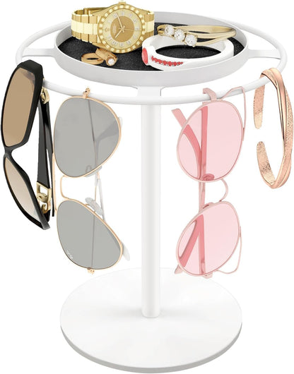 LSK Metal Sunglasses Organizer, Glasses Holder Stand with Storage Tray | Eyeglasses Holder with Anti-Slip Pads for Tabletop, Desk, Dresser, Matte Black