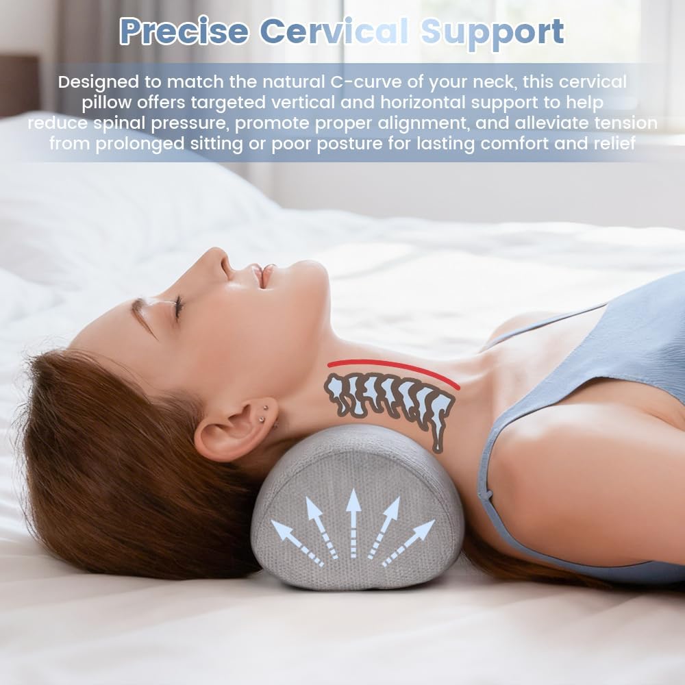 Neck Roll Pillow for Pain Relief, Cervical Memory Foam Pillow with Contour Support and Breathable Case, Portable Neck Stretcher Device for Home, Office, Travel and Relaxation
