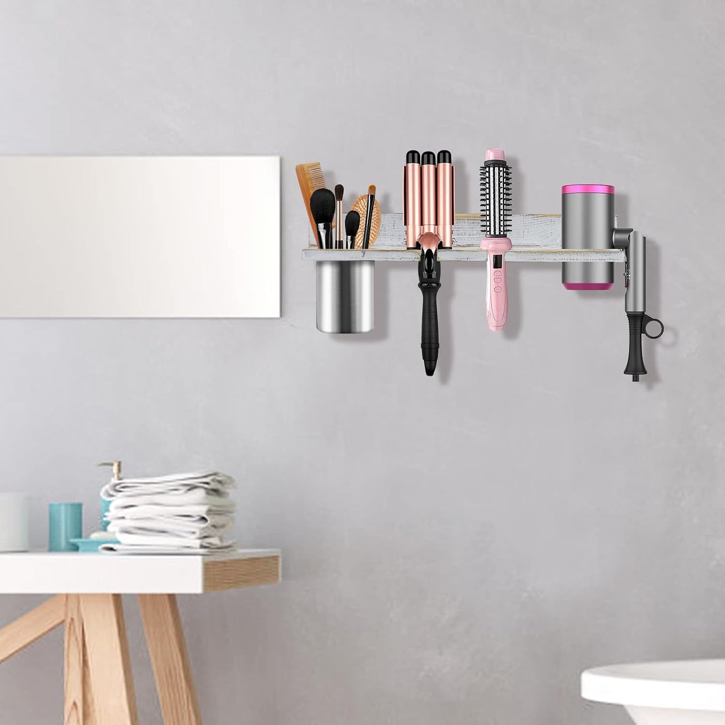 Hair Tool Organizer Wall Mounted - Wooden Dryer Holder, Blow Dryer Holder for Bathroom, Rustic Styling Tools Organizer for Flat Iron, Curling Wand, Hair Straighteners, Brushes, Black