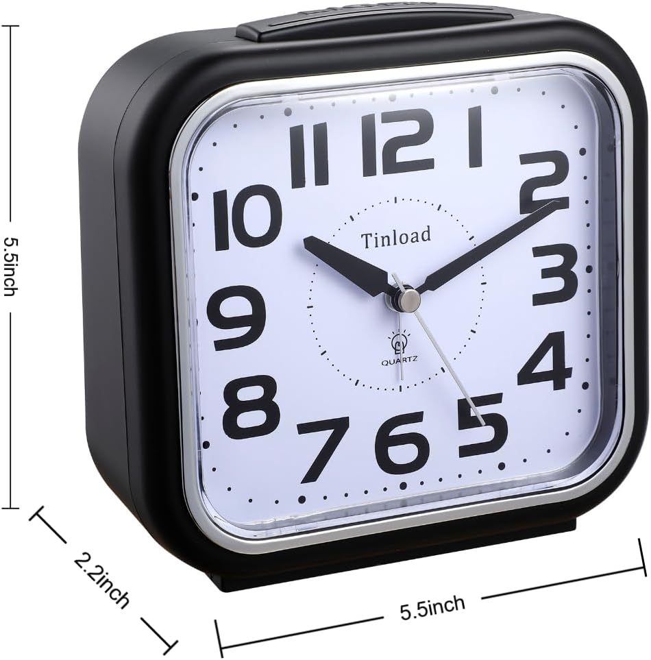 Tinload 5.5" Large Analog Alarm Clock Silent Non Ticking, Gentle Wake, Beep Sounds, Increasing Volume, Battery Operated Snooze and Manual Light, Easy Set, Black (Best for Elder)
