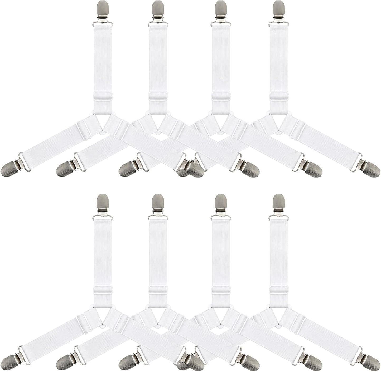 8-Pack White Bed Sheet Straps with Metal Clips, Adjustable Elastic Fitted Sheet Holders for Corners – Wrinkle-Free Bedding