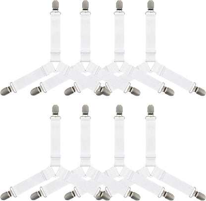 8-Pack White Bed Sheet Straps with Metal Clips, Adjustable Elastic Fitted Sheet Holders for Corners – Wrinkle-Free Bedding