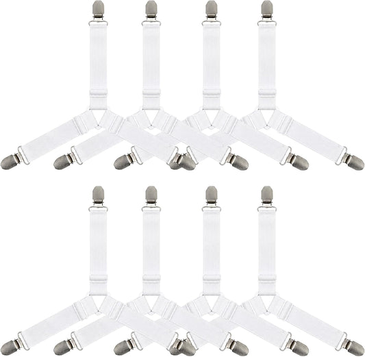 8-Pack White Bed Sheet Straps with Metal Clips, Adjustable Elastic Fitted Sheet Holders for Corners – Wrinkle-Free Bedding