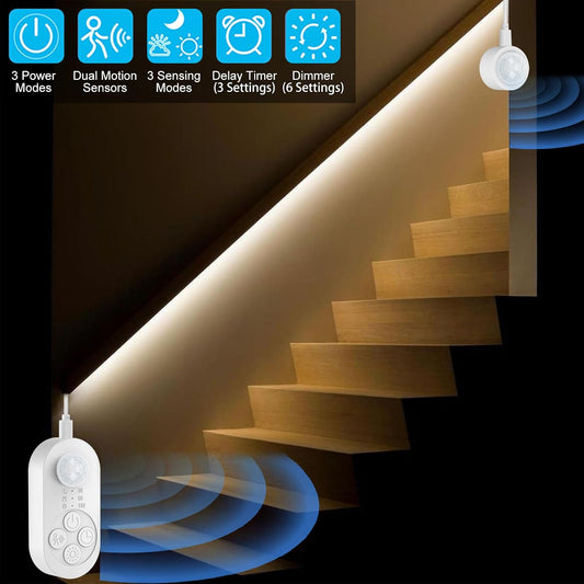 Dual Motion Sensor Light Indoor - Plug-in Adjustable LED Step Stair Light Strip with Double Sensor Detection, Timer & Dimmer for Staircase, Hallway, Bedroom (16.4FT 3000K Warm White)