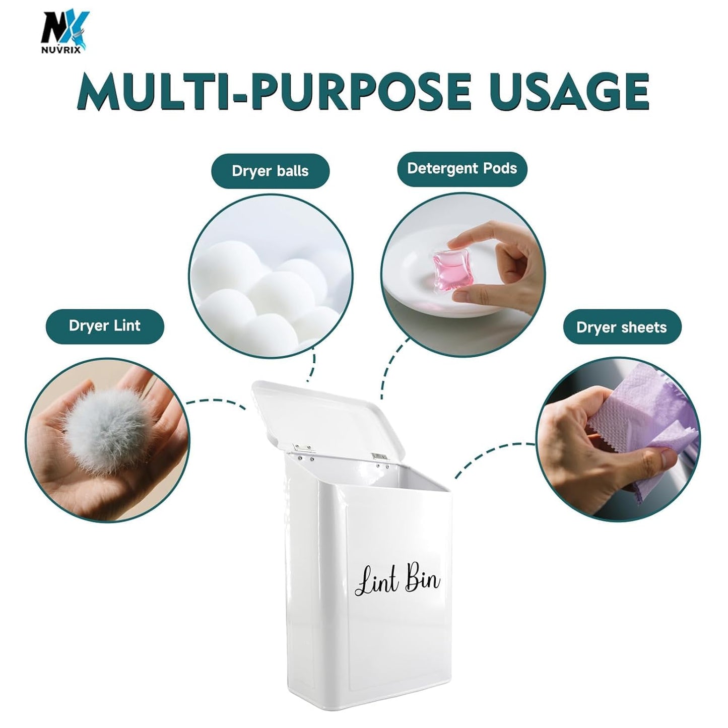 Magnetic Lint Bin for Laundry Room, Dryer lint bin Shiny White | galvanized metal body 1 Soft Lint Brush Included, 1 Magnetic Hook Included, 2 adhasive Hooks Included, Space-Saving