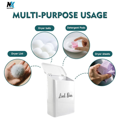 Magnetic Lint Bin for Laundry Room, Dryer lint bin Shiny White | galvanized metal body 1 Soft Lint Brush Included, 1 Magnetic Hook Included, 2 adhasive Hooks Included, Space-Saving