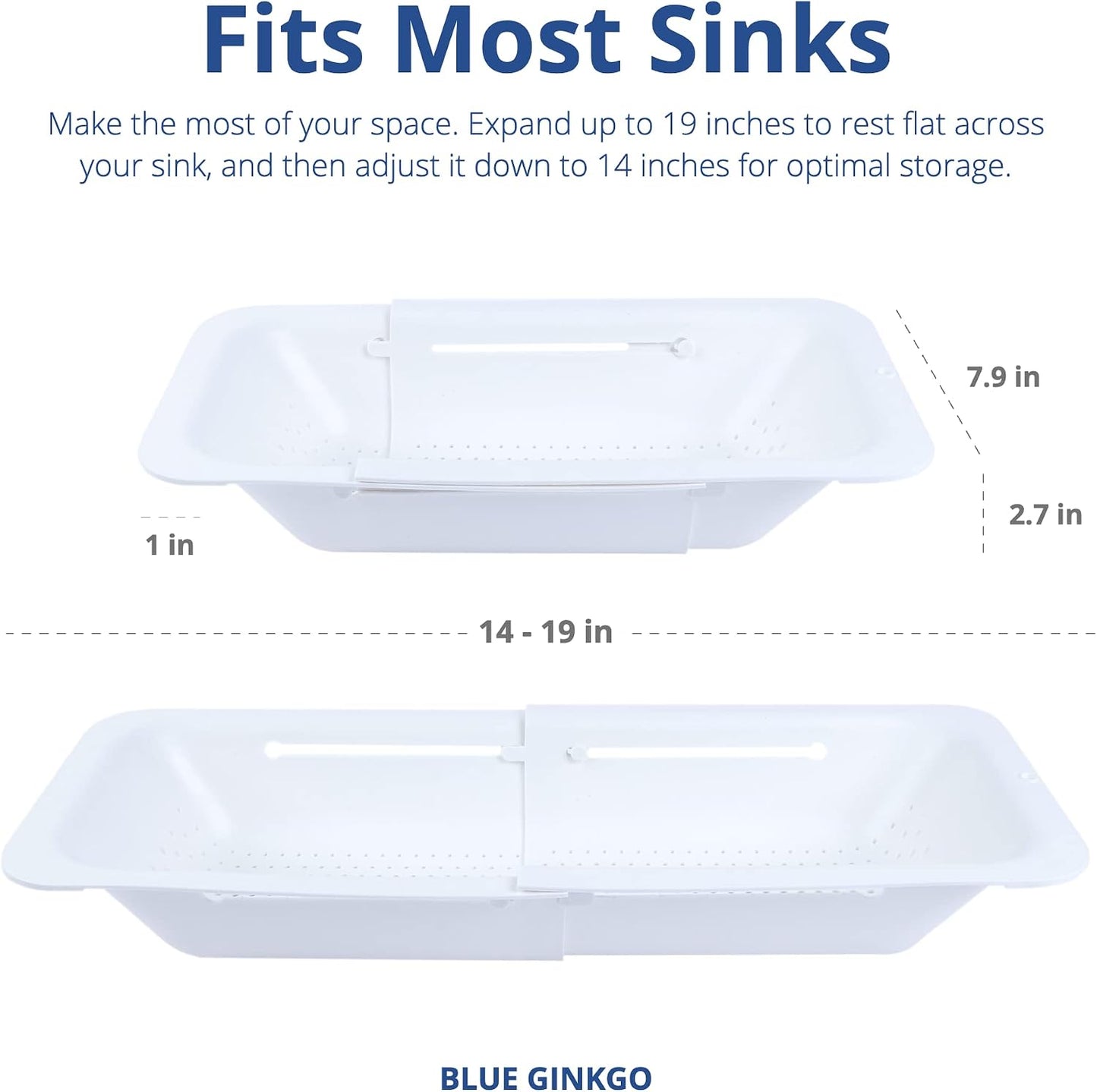 Blue Ginkgo Over Sink Colander, Extendable Kitchen Strainer, Grey | Fits Most Sinks. Rinse, Drain and Dry with Ease.