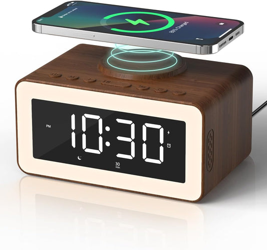 Alarm Clock for Bedroom, Wireless Charging, Bluetooth Speaker Sound Machine | Night Light, White/Brown Noise Sound Machine for Sleep, Wood-Grain Digital Clock Vintage Decor, Birthday Gifts for Men, Women