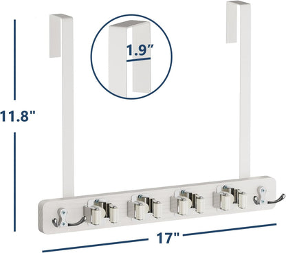 Lorbro Broom Holder Door Mount, Wood Over the Door Broom and Mop Holder | 4 Slots 4 Hooks, No Drill Setup, EVA Protection Pads, Secure Grip, Laundry Garage Closet Kitchen Use, White