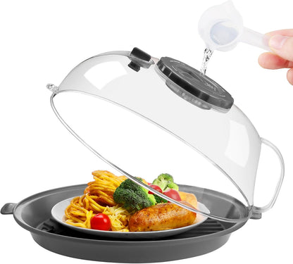 Microwave Splatter Cover Lid for Food 10.2 Inch with Water Steamer, Clear Microwave Splash Guard Cooker Lid with Plate, Dish Bowl Plate Serving Cover Cookware High Transparent Plastic Black