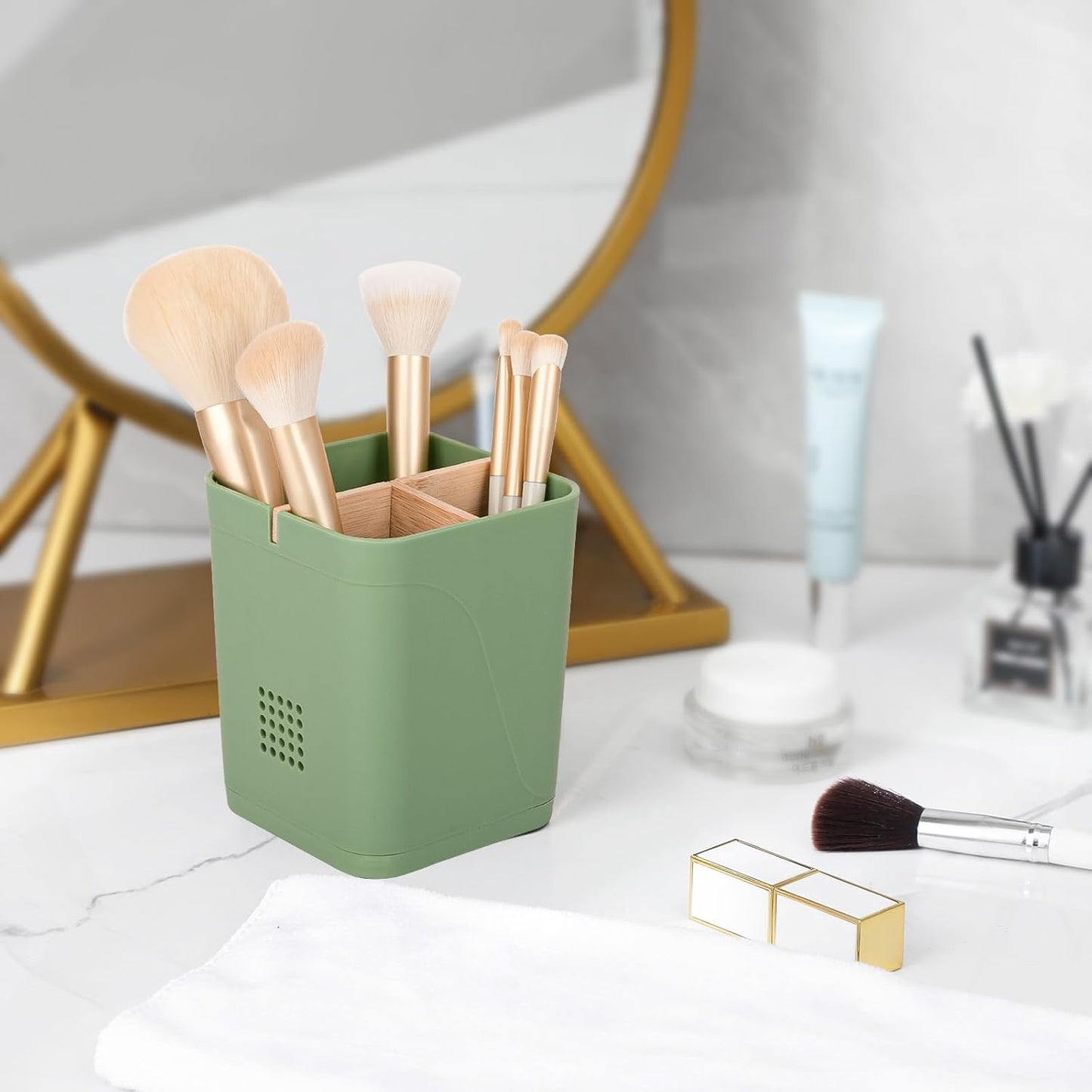 Electric Toothbrush Holder Tooth Brush and Toothpaste Organizer, Black | 3 Slots, Drainage Holes, Removable Bamboo Divider, Ventilation Design, Space-Saving, for Bathroom Countertop, Shower, Vanity