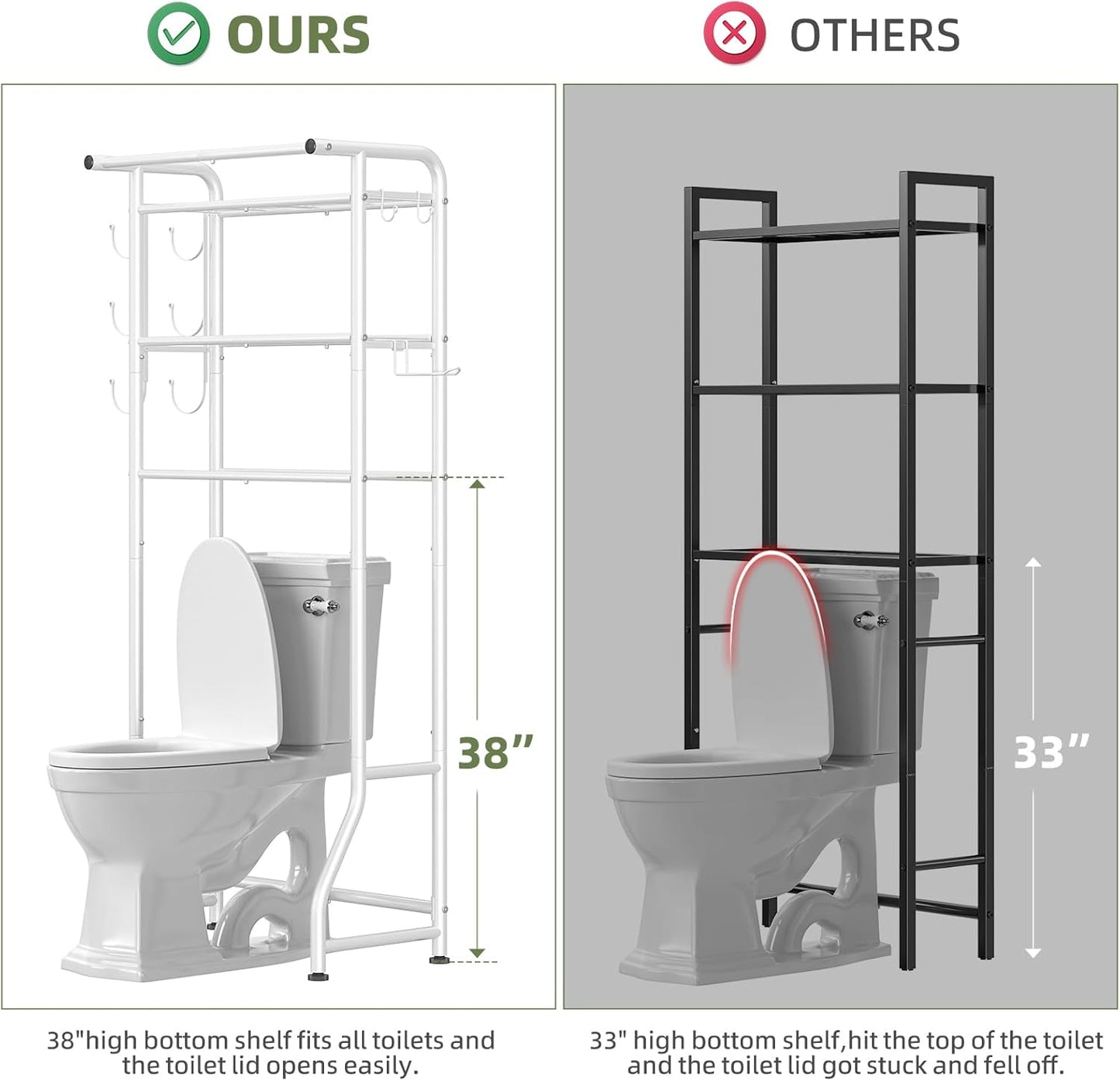 Simple Trending Over The Toilet Storage Cabinet, Metal Bathroom Shelf Organizer with Paper Holder and Hooks, 3 Tier, Black