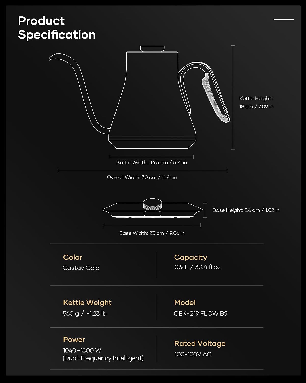 Cocinare Gooseneck Electric Kettle, ±1°F Precise Temperature Control, 1500W Fast Heating, Pour Over Coffee & Tea Kettle with Brew Timer & Keep Warm, Stainless Steel, 0.9L (Matte Black)
