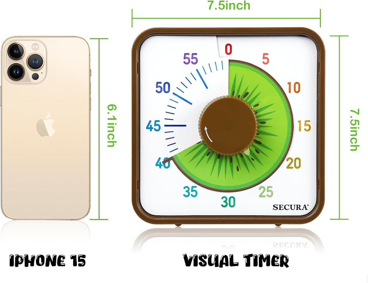 Secura 7.5-Inch Fruit Visual Timer for Kids, 60-Minute Countdown Timer for Classroom or Kitchen, Durable Mechanical Timer Clock with Magnetic Backing (Orange)
