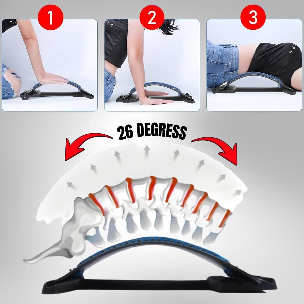 Adjustable Back Stretcher with 3 Levels Lumbar Traction Device with Acupressure Points for Lower Back Pain Relief, Spine Alignment, Flexibility & Daily Support