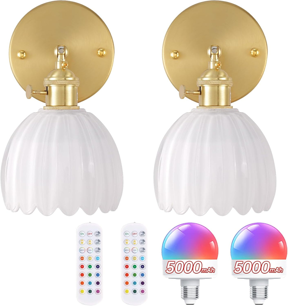 Shenmoyl Vintage Battery Operated Wall Sconce with Green Tulip Glass Lampshade Rechargeable Battery Powered Wall Light with Remote Control for Bedside Bedroom Doorway