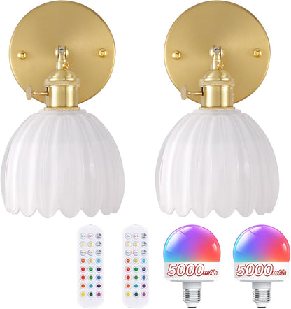 Shenmoyl Vintage Battery Operated Wall Sconce with Green Tulip Glass Lampshade Rechargeable Battery Powered Wall Light with Remote Control for Bedside Bedroom Doorway