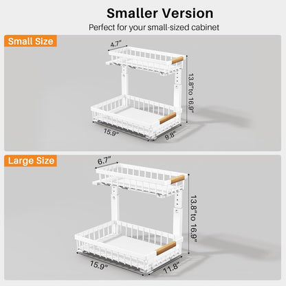 PXRACK Under Sink Organizer, Adjustable Height, 2 Tier Pull Out Under Cabinet Organizer, Slide Out Thickened Metal Under Sink Storage for Kitchen Bathroom Laundry Pantry Cabinet, White, Large-2-Pack