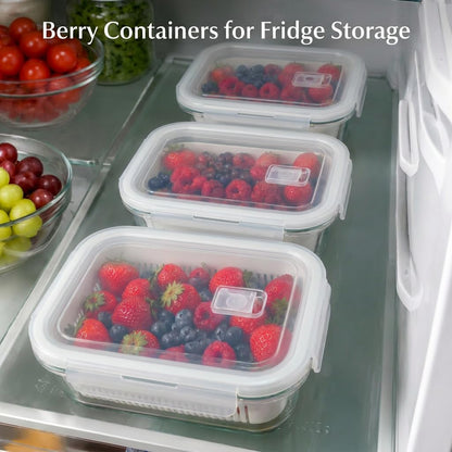Glass Berry Container for Fridge, 3 Pack, 56oz 35oz 25oz, with Removable Colander and Vent Valve, Fresh Produce Storage Set(White)
