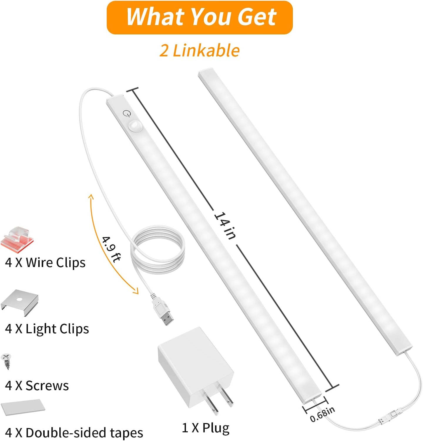 USB Plug-in Motion Sensor Light, ON/Night/Day Modes, Bright&Dimmable | 14" Slim LED Under Cabinet Lighting Indoor for Kitchen, Cabinet, Closet - 6000K Cool White, 1-Bar Standalone
