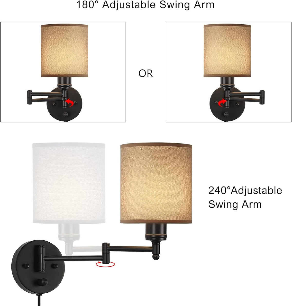 CADUKE Plug in Wall Sconce Set of 2, Swing Arm Wall Lamps